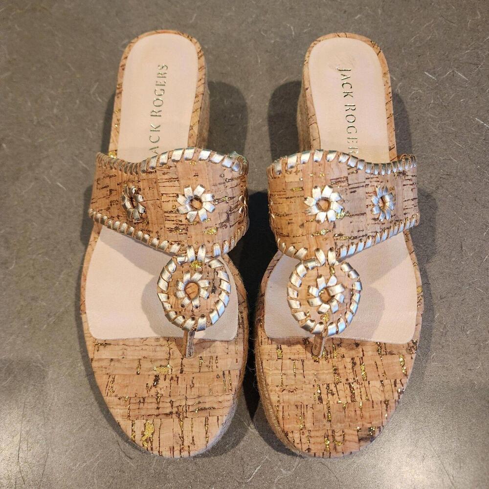 NWOB JACK ROGERS JACKS MID WEDGE espadrilles 9.5 cork and cold leather design